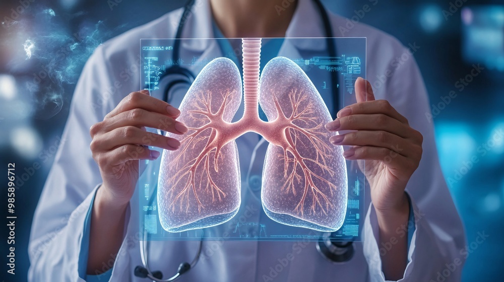 Poster A doctor manipulating a 3D hologram of lungs to demonstrate respiratory issues and prepare for treatment of a lung condition Large space for text in center Stock Photo with copy space