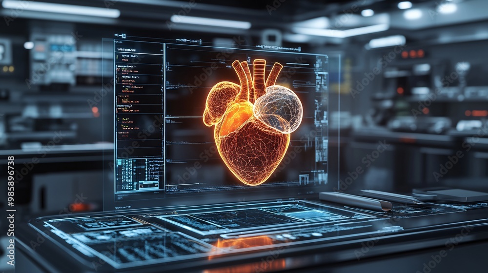 Poster a high-tech medical office where a holographic heart is being examined for potential cardiac surgery