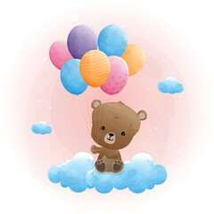 A cute brown bear is sitting on a cloud, holding a bunch of colorful balloons. The background is a soft, pastel pink with white clouds.