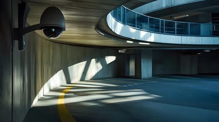 Obraz premium Surveillance Camera Mounted on a Concrete Wall in a Parking Garage