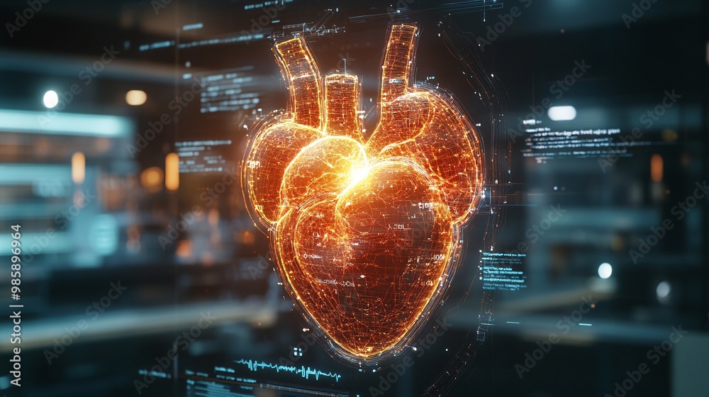 Poster a high-tech medical office where a holographic heart is being examined for potential cardiac surgery