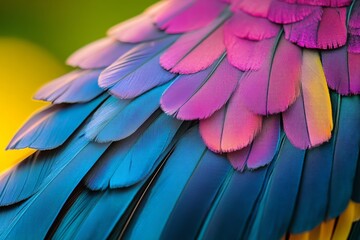 Obraz premium Vibrant, iridescent feathers showcase shades of blue, purple, and pink on a sunny day amid natural surroundings
