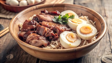 Thai Style Pork Leg Stew with Five Spices, Stewed pork leg and mix pork ,egg in street food, fresh ham on rice, Rice with Pork Leg Stew, Thai street food