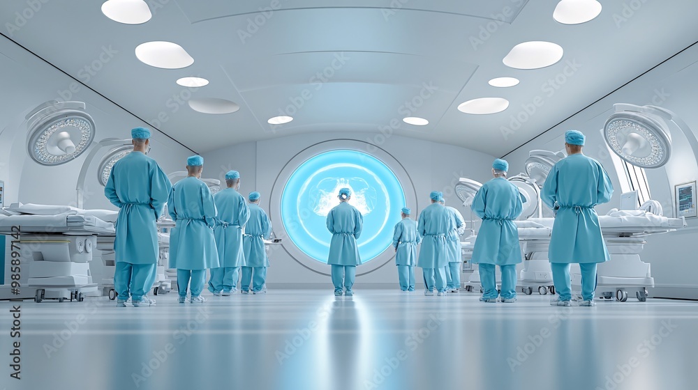 Aufkleber A futuristic operating room featuring surgeons utilizing 3D hologram technology for visualizing bone structures and complex surgeries Large space for text in center Stock Photo with copy space