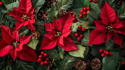 A vibrant Christmas garland featuring lush green foliage, bright red poinsettias, and sprigs of holly berries. This festive decor symbolizes Christmas cheer, warmth, tradition, and the beauty of the s