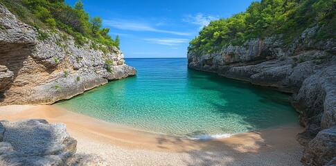 Secluded cove with crystal clear turquoise water and a sandy beach surrounded by rocky cliffs and lush green vegetation under a bright blue sky.