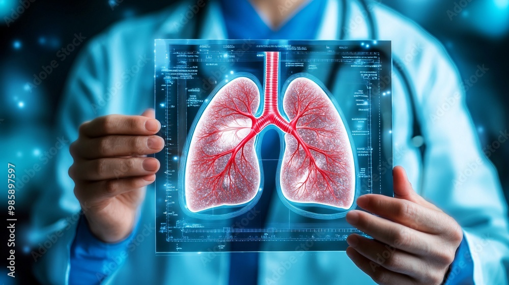 Poster doctors interacting with a 3d hologram of human lungs displayed in mid-air to diagnose respiratory p