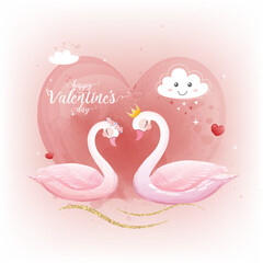 Greeting card with two swans and hearts in background