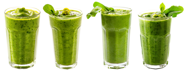 Set of bright green smoothies in glasses on transparent background