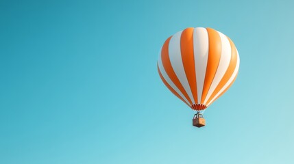 Fototapeta premium A vibrant orange and white hot air balloon gracefully ascends against a clear blue sky, symbolizing freedom, adventure, hope, and new beginnings.