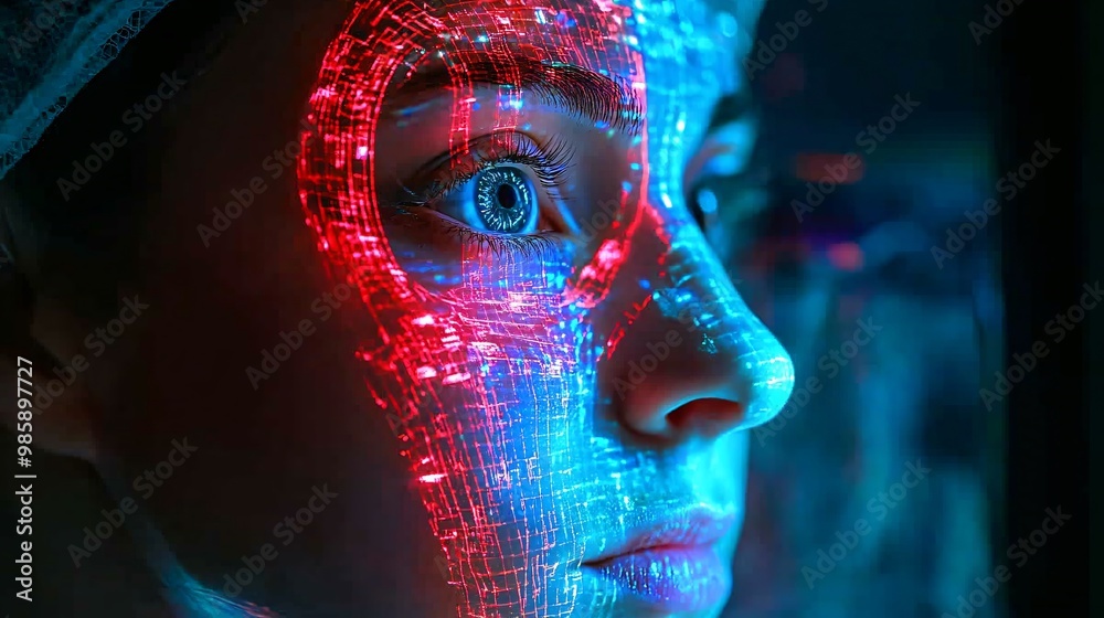 Poster a plastic surgeon examining a hologram of a patients face to plan aesthetic changes with high accura