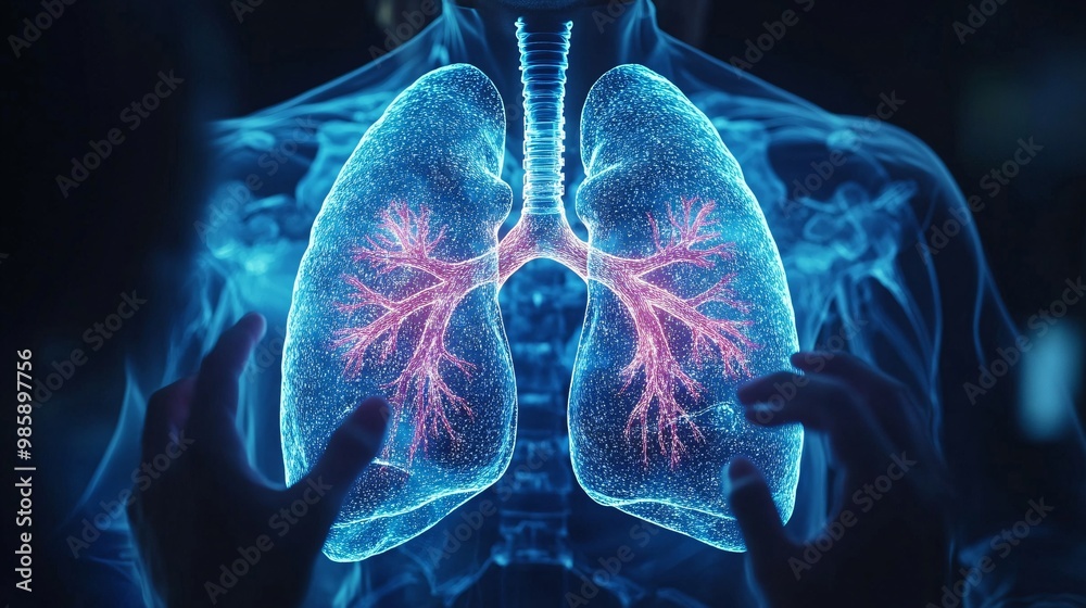 Poster Doctors interacting with a 3D hologram of human lungs displayed in mid-air to diagnose respiratory problems with high precision Large space for text in center Stock Photo with copy space