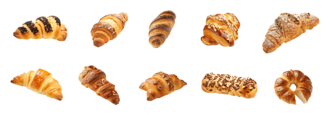 A variety of bakery items are arranged to emphasize the variety, including breads and croissants, displayed warmly and deliciously on a transparent background.