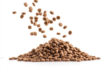Dry dog food falling on a pile close-up. Isolated
