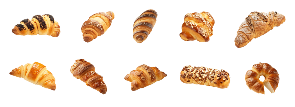 A variety of bakery items are arranged to emphasize the variety, including breads and croissants, displayed warmly and deliciously on a transparent background.