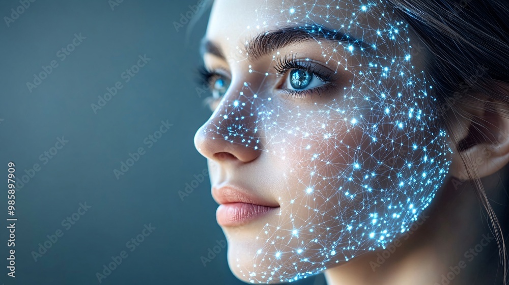 Poster a plastic surgeon examining a hologram of a patients face to plan aesthetic changes with high accura