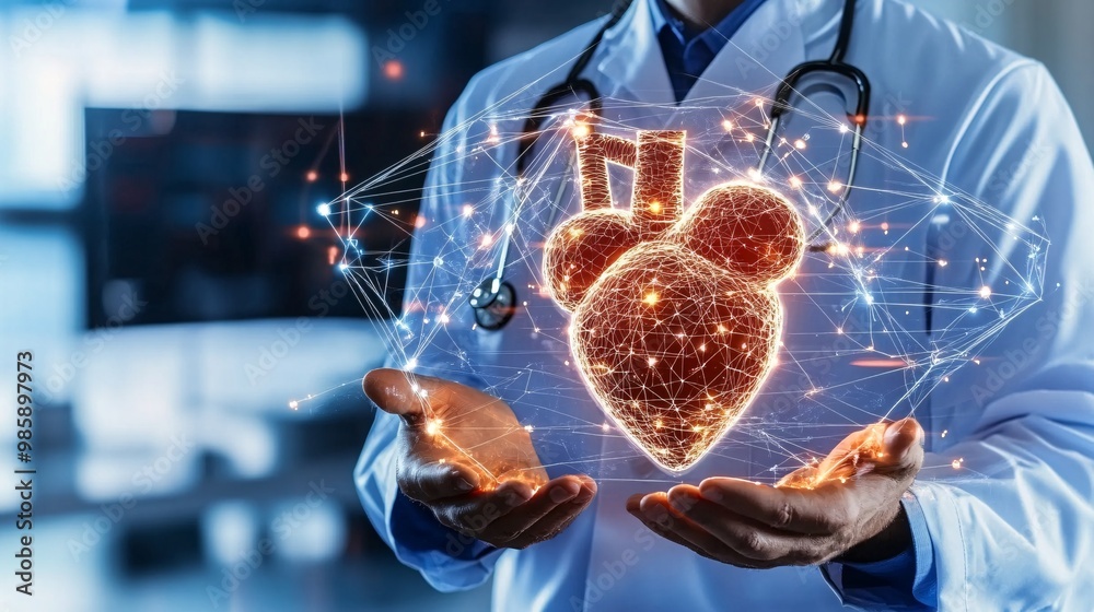 Poster A cardiologist navigating through a 3D hologram of a heart to simulate surgery and enhance treatment precision Large space for text in center Stock Photo with copy space