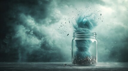 Miniature tornado in a glass jar, combining elements of natural disaster with containment and control. contained tornado, miniature storm, art in a jar