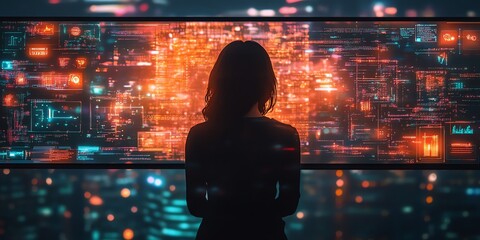 Silhouette of a woman standing in front of a screen with digital data, against a blurred background of a city at night.