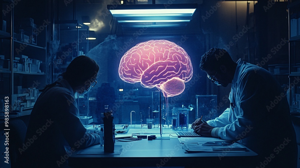 Poster A neurologist and medical team examining a hologram of a brain to analyze and prepare for complex brain surgery Large space for text in center Stock Photo with copy space