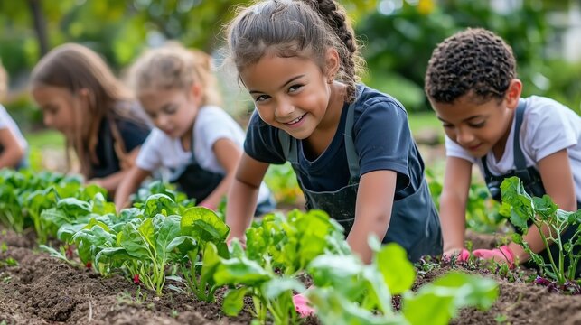 Diverse group of children tending to a lush school garden project, learning sustainability through hands-on experience with plants and teamwork.