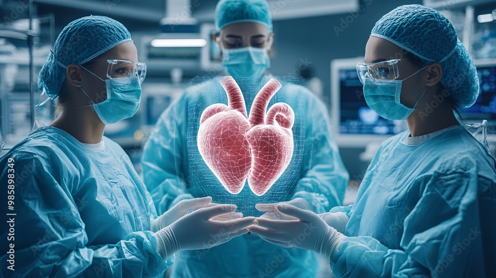Poster Surgeons using a 3D hologram of a human heart to plan a complex cardiac operation with a high level of accuracy Large space for text in center Stock Photo with copy space