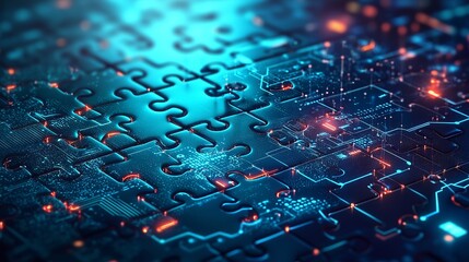 Puzzle pieces with circuit patterns symbolizing microservices integration.