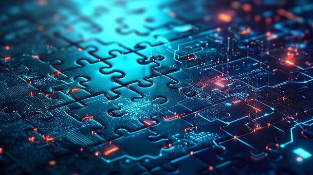 Puzzle pieces with circuit patterns symbolizing microservices integration.