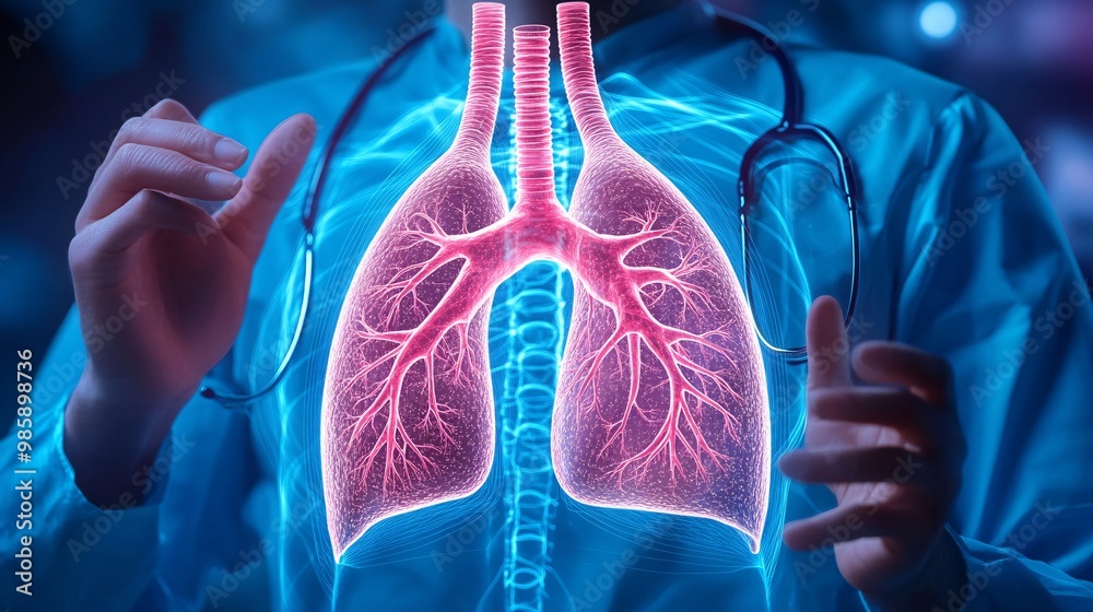 Poster a pulmonologist and medical staff analyzing a 3d holographic image of a patient's lungs to pinpoint 