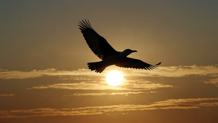 Bird flying against a setting sun.