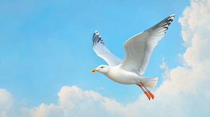 Obraz premium A white seagull with black wingtips soars effortlessly against a bright blue sky, embodying freedom, tranquility, and the beauty of nature.