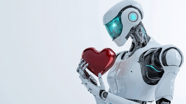 A white robot with glowing blue eyes holds a red heart, symbolizing the emerging concept of artificial intelligence with empathy, compassion, and love.