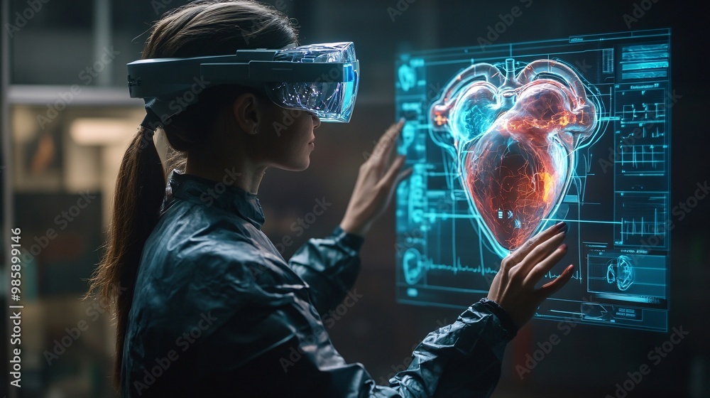Poster A heart specialist using advanced holographic imaging to conduct a virtual simulation of heart surgery Large space for text in center Stock Photo with copy space