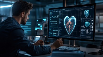 A heart specialist using advanced holographic imaging to conduct a virtual simulation of heart surgery Large space for text in center Stock Photo with copy space