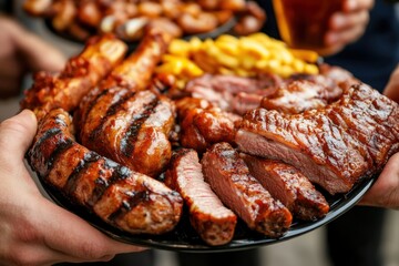 Friends Gather Around a Table Filled with Delicious Food, Sharing Plates of Grilled Meat, Sausages, and Sides, Enjoying the Flavors and Each Other's Company in a Social Setting