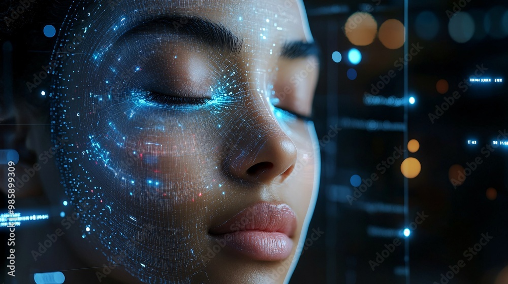 Poster a plastic surgeon manipulating a hologram of a patient's face to plan cosmetic enhancements with hig