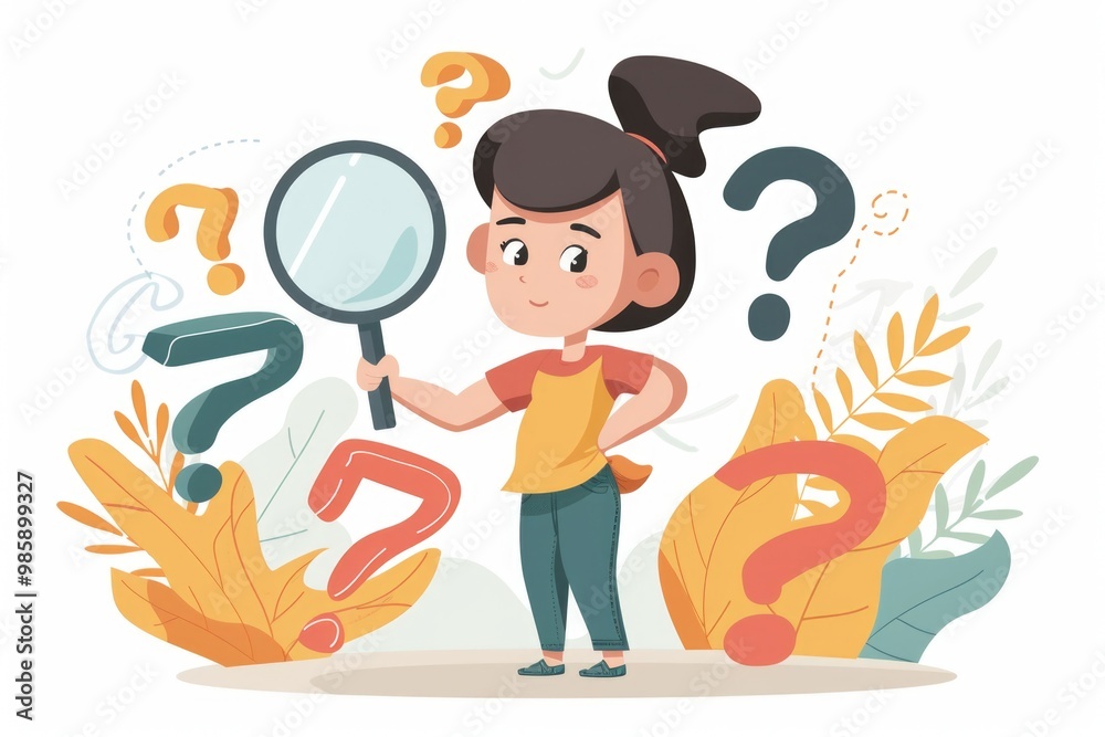 Poster a curious girl examining something with a magnifying glass, surrounded by question marks