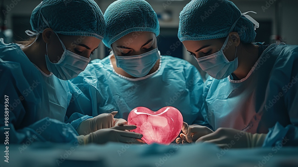 Poster a medical team examining a holographic heart model to prepare for a delicate cardiac surgery with ad