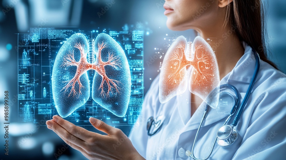 Poster A doctor using a 3D hologram of a patient's lungs to visualize and diagnose complex respiratory conditions Large space for text in center Stock Photo with copy space