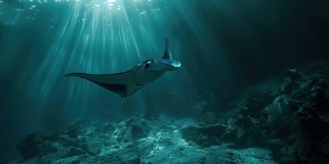 Manta Ray Swimming Through Sunbeams