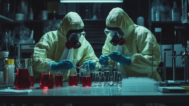 laboratory drugs chemical composition man in protective suit respirator