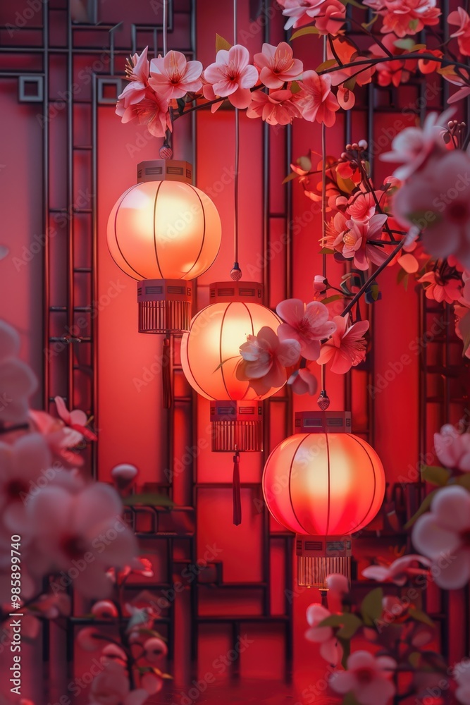 Poster Red lanterns hanging from a tree branch, creating a warm and cozy atmosphere
