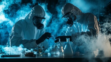 Fototapeta premium laboratory drugs chemical composition man in protective suit respirator