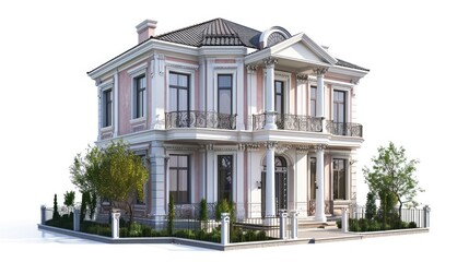 Fototapeta premium A picturesque house with a pink and white exterior, featuring multiple balconies