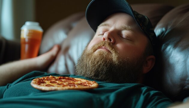 Man Relaxing on Couch with Pizza and Beer, Reclining with a Plate of Indulgent Comfort Food, Relaxing and Enjoying Every Satisfying Bite, A Moment of Pure Bliss