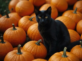 Black cat atop a pumpkin pile with small oranges.