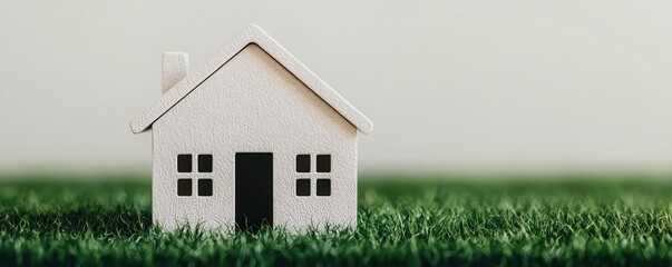 A minimalist decorative house model placed on vibrant green grass, symbolizing home and nature's harmony.