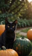 Black cat perched on a pumpkin beside a Jack-o'-lantern.