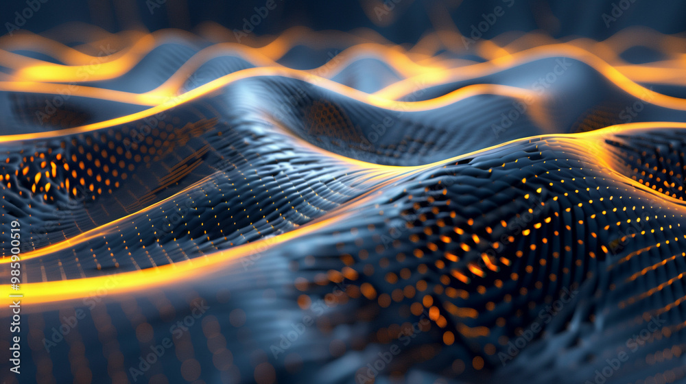 Fototapete dynamic abstract patterns of flowing waves with illuminated orange accents in a dark setting during 