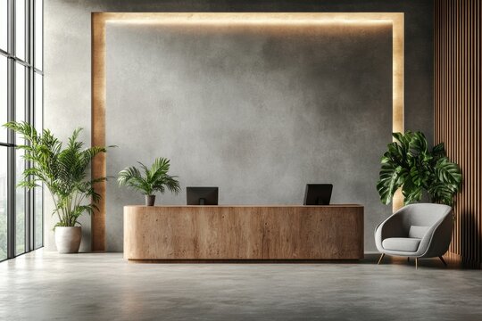 modern office lobby with receptionist, featuring corporate workspace concept banner mockup, at the reception desk